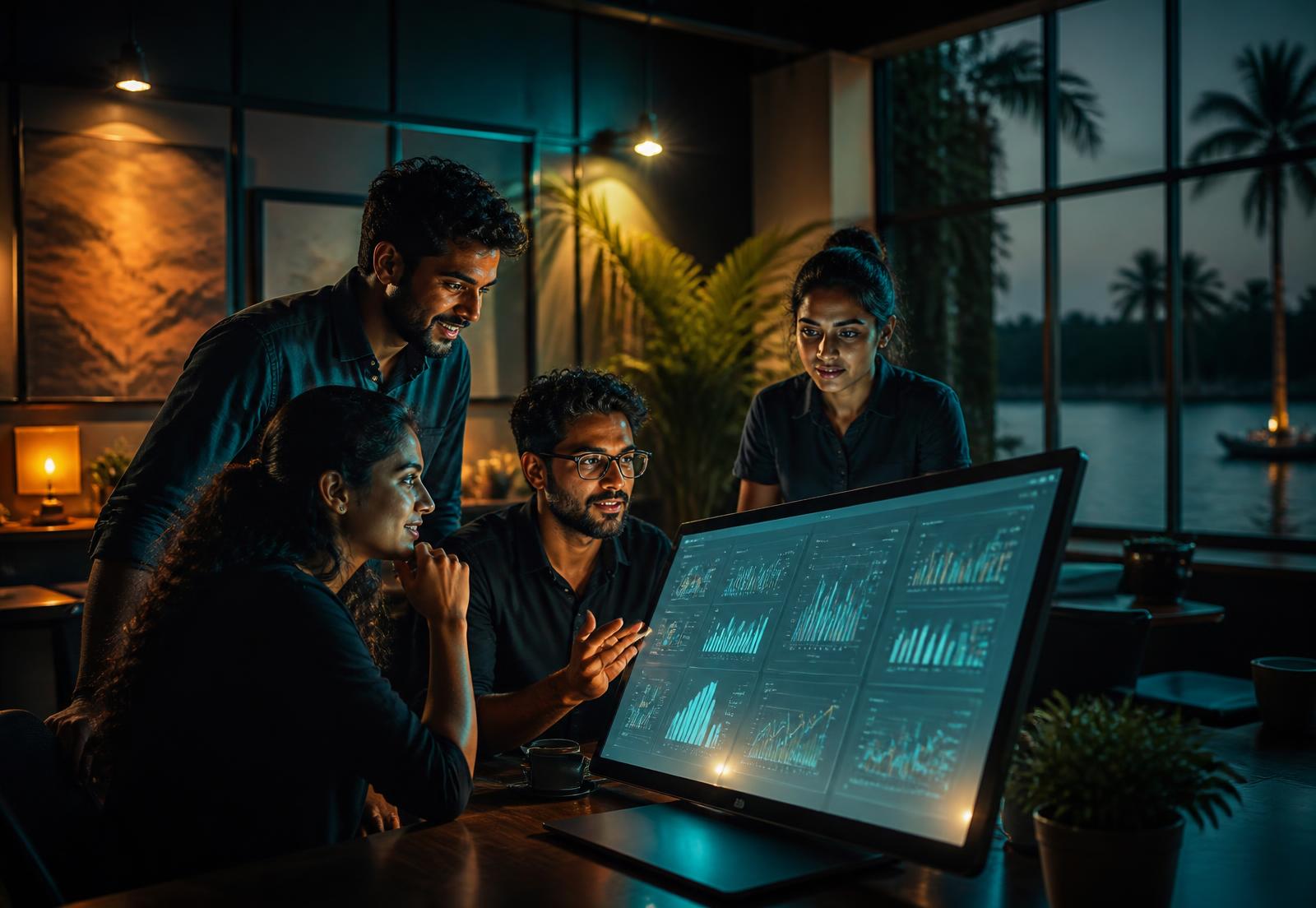 AURA Digital growth team reviewing campaign performance dashboards in their Kerala studio